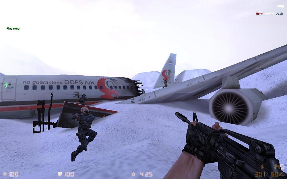 Screenshot from the old Counter-Strike: Condition Zero game showing a gun fight between two opposing sides near a crashed airplane.