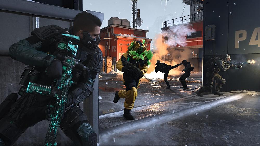 Screenshot showing soldiers in various states of action with colorful weapon skins and absurd armor designs.