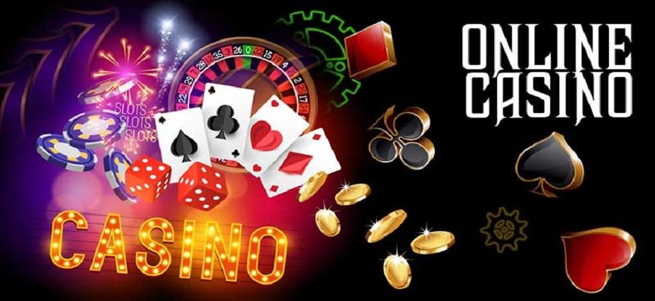 Banner image with the words "Online Casino" and "Casino" present. The image contains various gambling related symbols such as poker chips, playing card symbols, gold coins, two red dice, and a roulette wheel.
