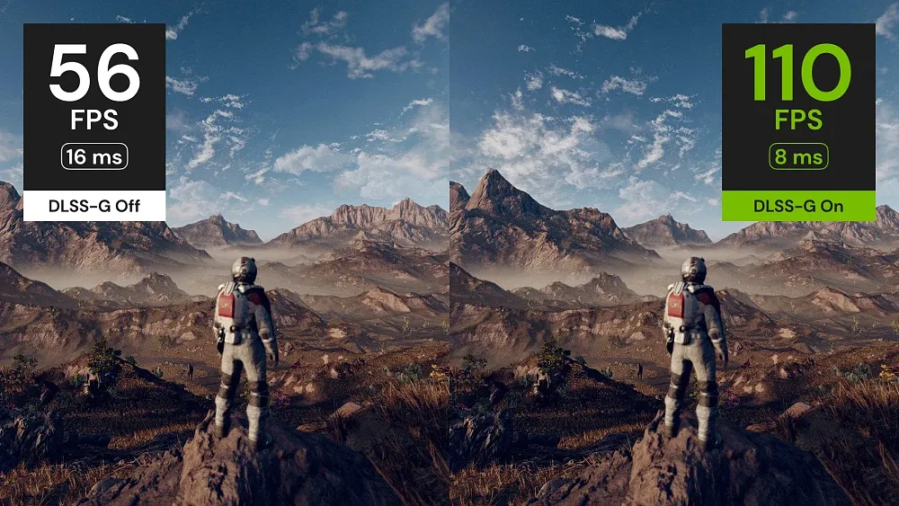 Image showing performance comparison in Starfield between using frame-gen and not using frame-gen.