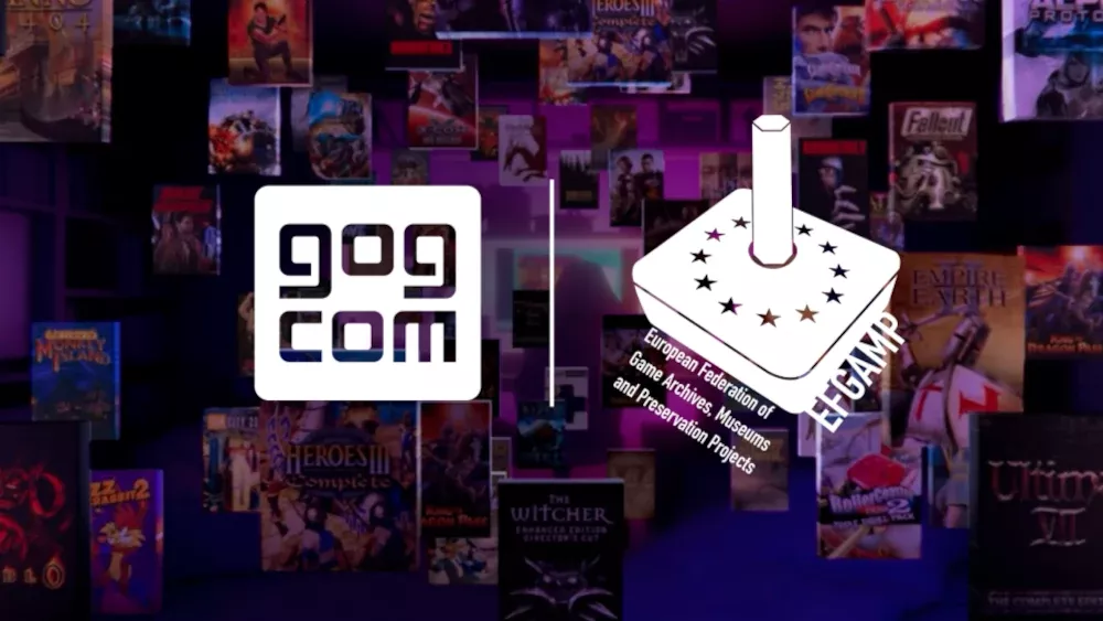 Art showing the GOG and EFGAMP logos signifying that the two are working together on video game preservation.