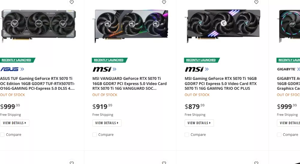 Newegg store listings for the Nvidia RTX 5070 Ti showing that every model is sold out.