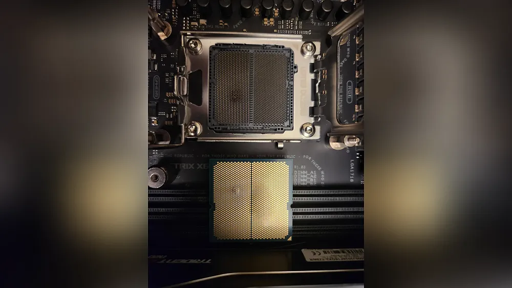 Photograph of a CPU and motherboard showing burnout spots presumably from excess voltage.