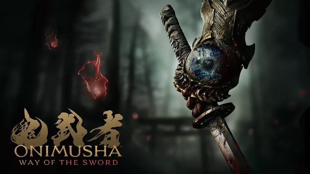 Text: Onimusha: Way of the Sword. Image shows a bloody hand holding a samurai sword.