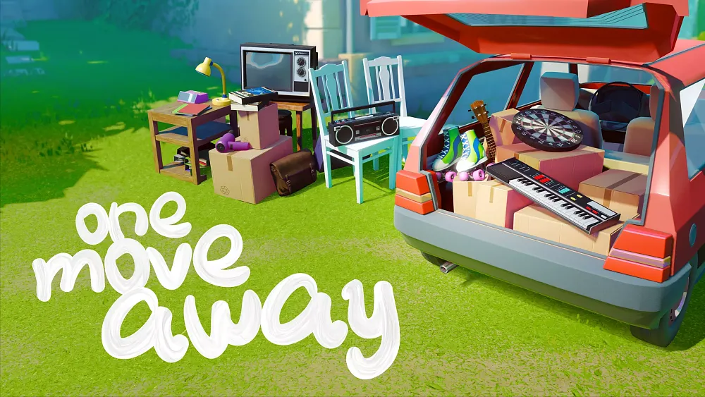Text: One Move Away. Image shows a trunk of a car filled with various boxes and personal belongings as if someone is in the middle of packing to move.