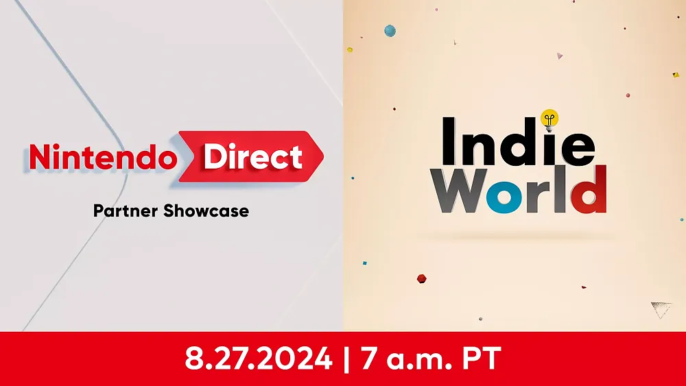 Image announcing both a Nintendo Direct: Partner Showcase and Indie World Showcase for August 27 at 10AM ET.