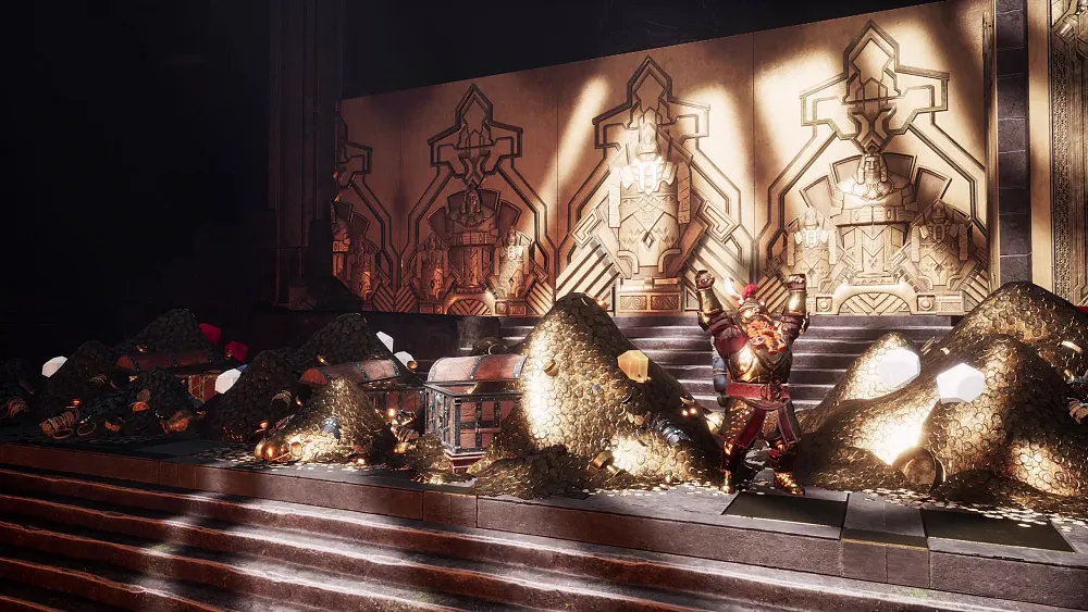A dwarf from Lord of the Rings triumphantly raising his arms while surrounded by a lot of gold and gold coin treasures.