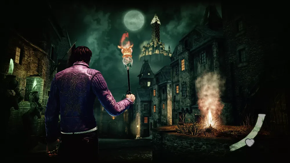 Screenshot of gameplay from Shadows of the Damned: Hella Remastered where the main character is holding a torch and standing looking towards a full moon and a castle in the distance.