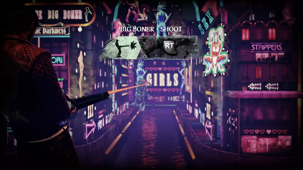 Image from Shadows of the Damned: Hella Remastered showing the main character using a phallic-like gun in an area adorned with several neon signs depicting scantily clad women and demon figures.