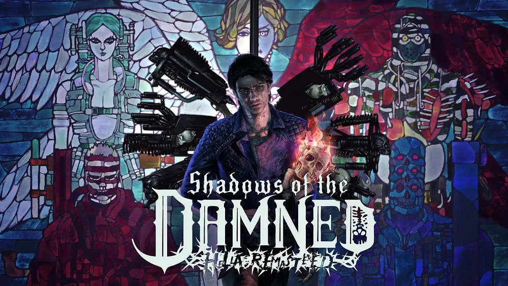 Key art showing the title, Shadows of the Damned: Hella Remastered, as well as a man in the middle holding a torch adorned with a flaming skull. In the background is a montage of different demonic enemies as well as the main love interest in the game. The background is made to look like stained glass.