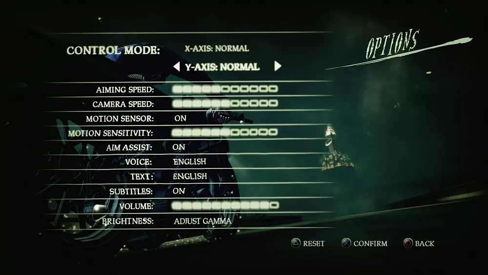 A screenshot showing all of the available options for a game, including aiming speed, motion sensor toggle, caption options, and brightness.