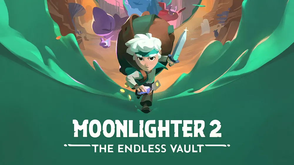An adventurer with a cartoon art style running towards the viewer. The title, Moonlighter 2: The Endless Vault, is also visible.