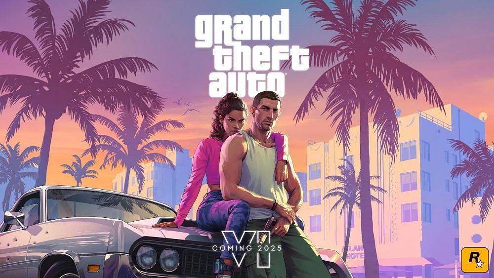 Key art showing a man and a woman and a pastel background for Grand Theft Auto 6.
