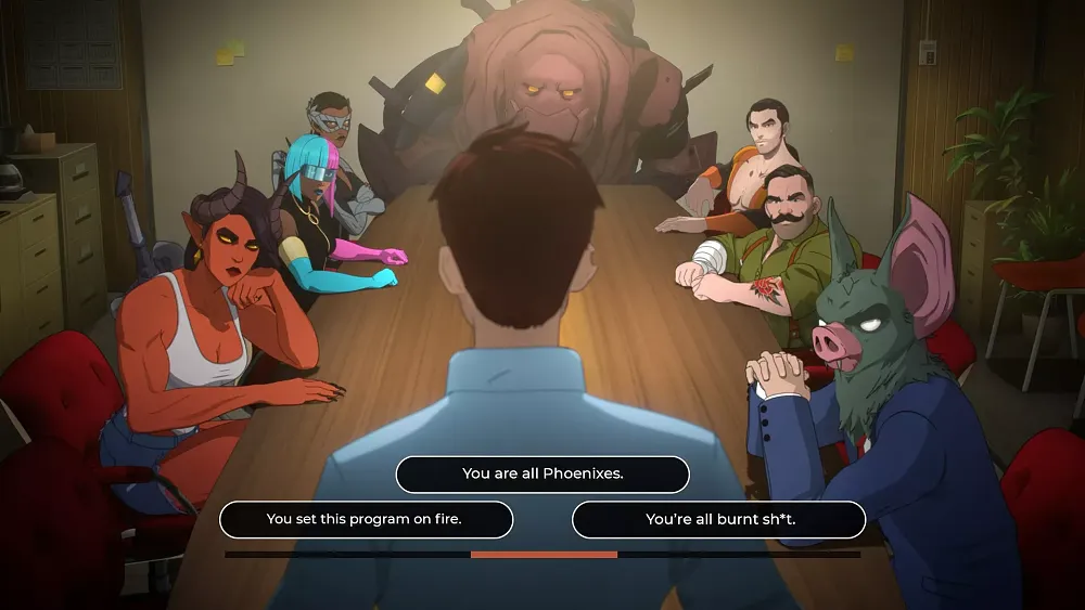 A person standing at the head of a table in front of a diverse group of former villains turned superheroes.
