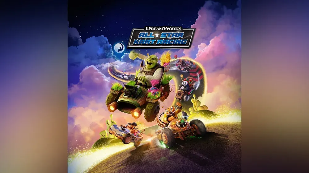 Various DreamWorks Animation characters riding go-karts.