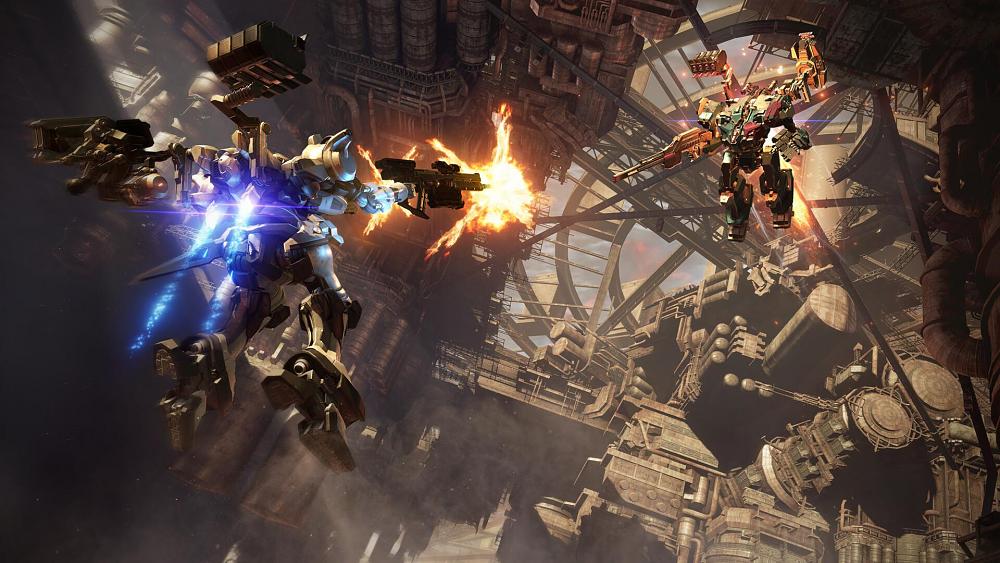 Screen from Armored Core 6 showing two giant mechs engaged in battle.