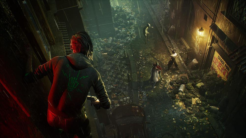 Screenshot showing a vampire hanging on the side of a wall looking down at other vampires fighting on the street below.