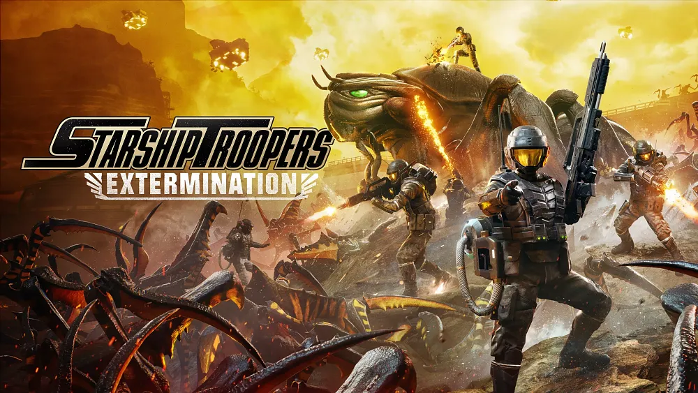 Text: Starship Troopers: Extermination. Image shows space soldiers on a planet full of giant alien bugs. A bug planet, as it were.