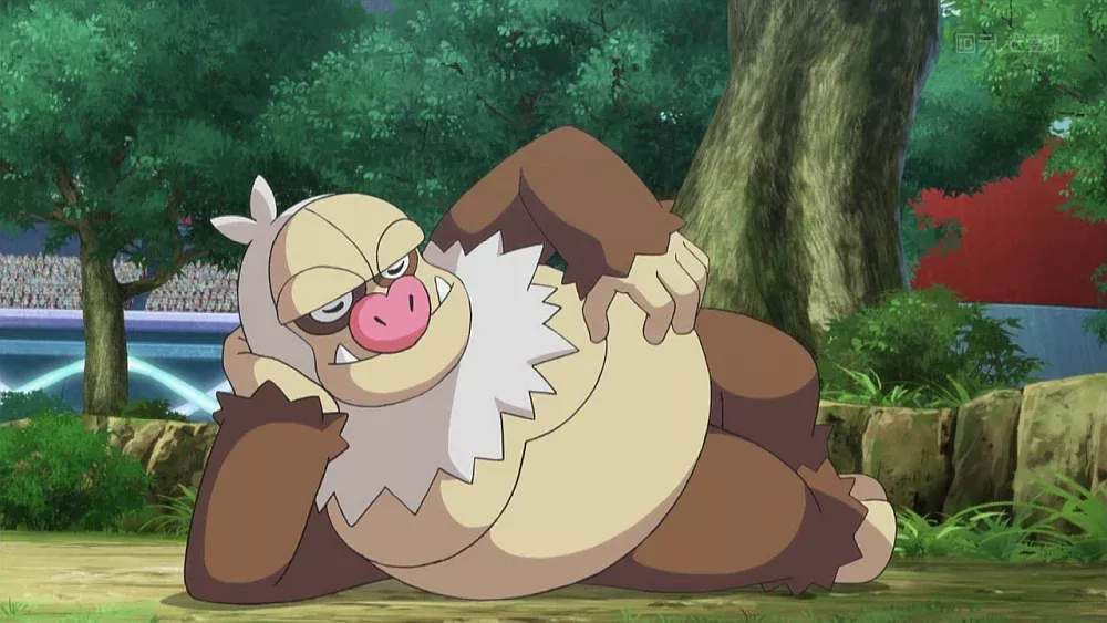 The Slaking Pokemon creature laying on his side.