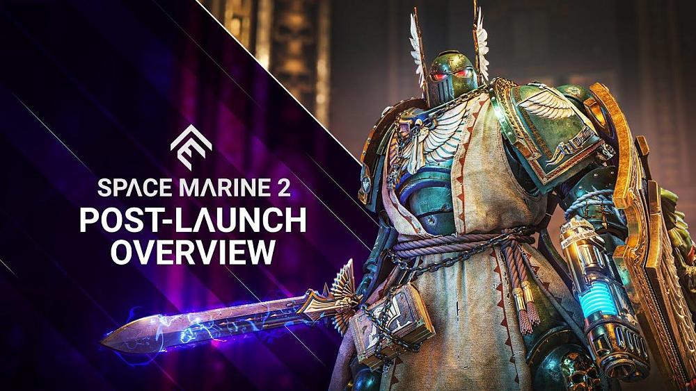 A very heavily armed space marine soldier showing off some various armor and weapon cosmetics coming to Space Marine 2.