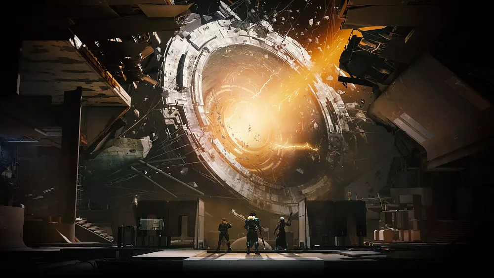 Three player space Guardians standing in front of what appears to be like some sort of derelict space station.