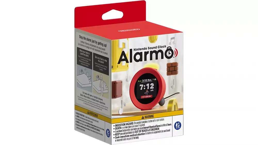 Retail packaging for Alarmo, a Nintendo branded alarm clock.