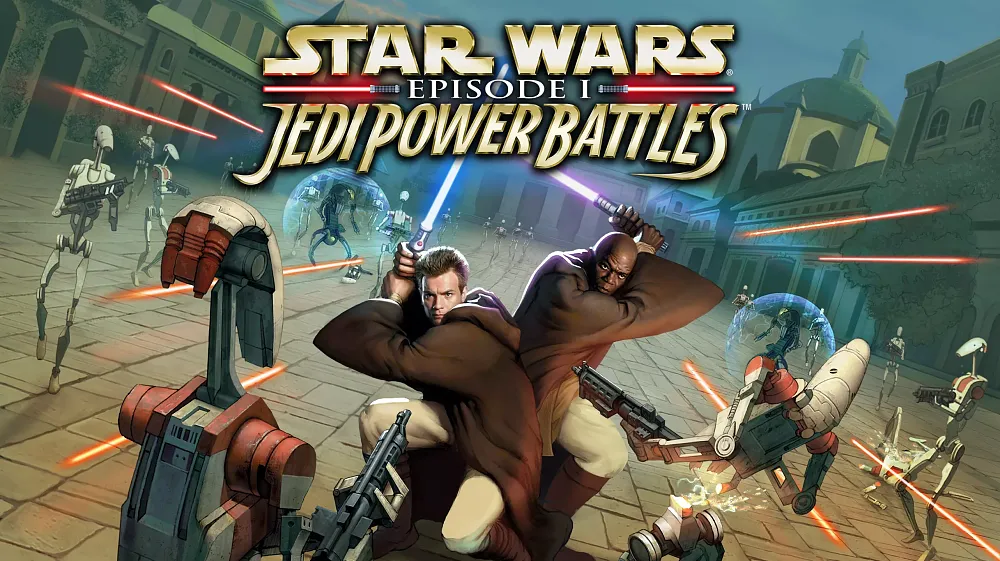 A couple of Star Wars Jedis with lightsabers fighting a bunch of droids.