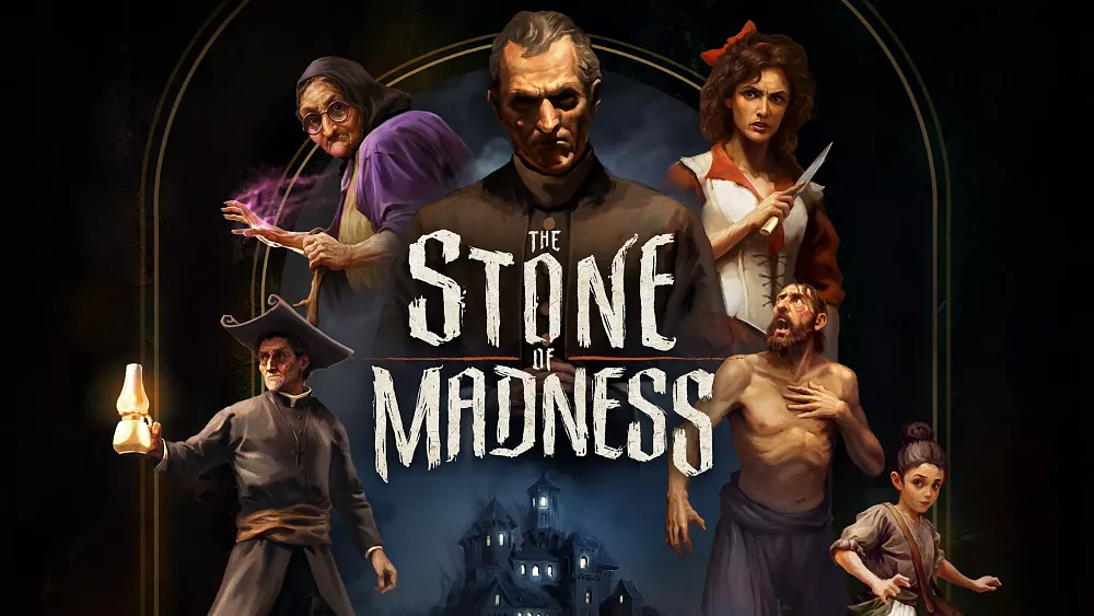 Art showing characters and the title for The Stone of Madness.