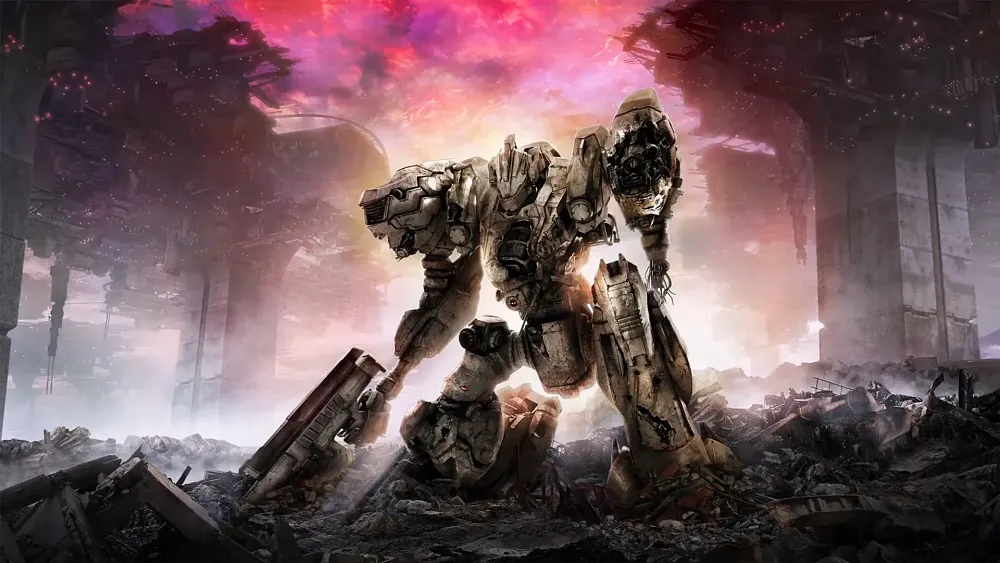 A giant mech kneeling among some ruined futuristic style buildings.