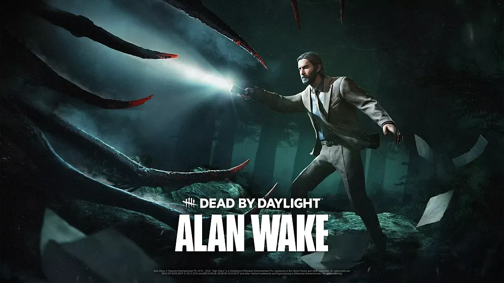 Alan Wake shining a flashlight at an offscreen creature in Dead by Daylight.