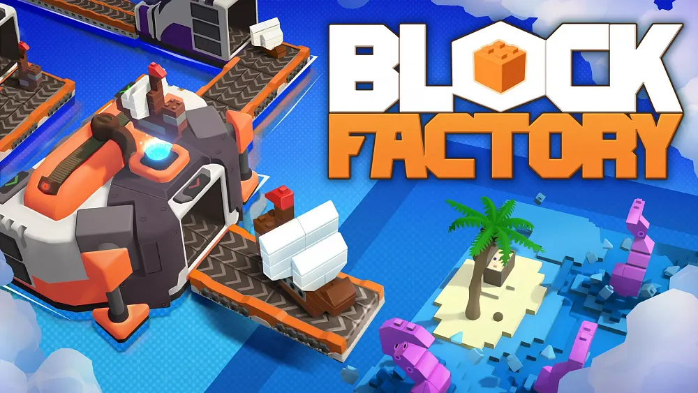 Key art showing the title, Block Factory, and a part of an assembly line that makes little items made from LEGO-like building blocks.