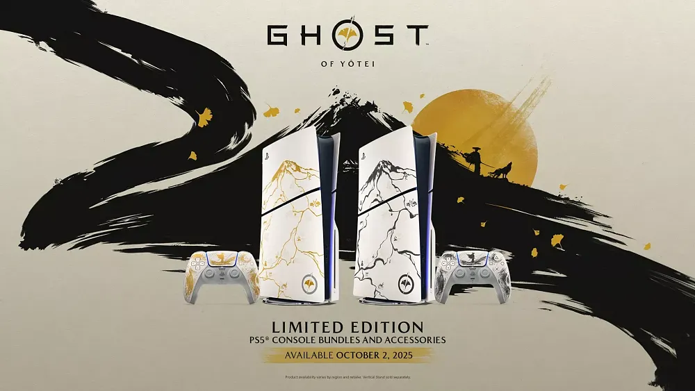 A picture showing two similar designs for limited edition PlayStation 5 hardware based on traditional Japanese art and inspired by Ghost of Yotei.