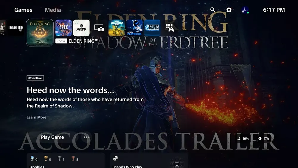 Image showing an old promotional art for a PS5 game, Elden Ring, instead of the game background on the PS5 home screen.