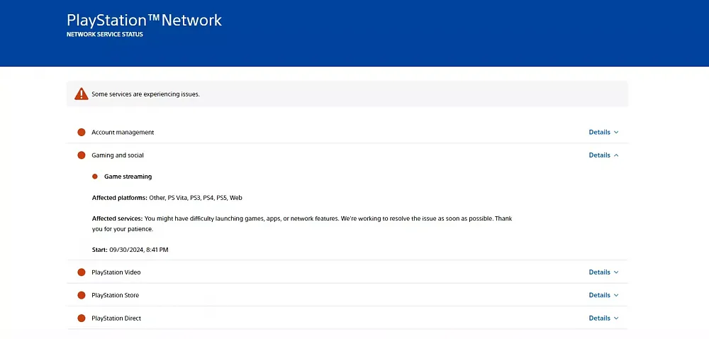 Screen of a network status page for PlayStation Network indicating that all services are currently experiencing issues.