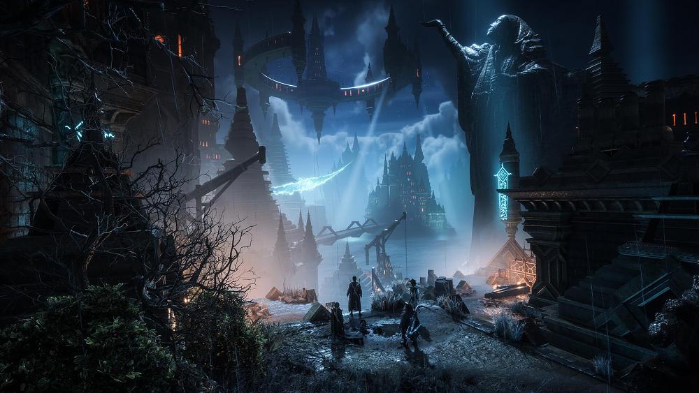 Four characters standing in a wild, fantasy setting with a floating ringed building in the background.