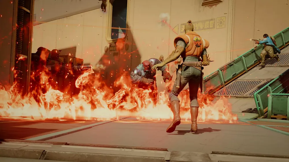 Two alien humanoids fighting each other with a short wall of fire between them.
