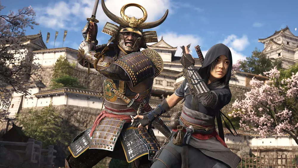 Image of two people, a large black samurai and a woman ninja, both prepared to get into a fight.