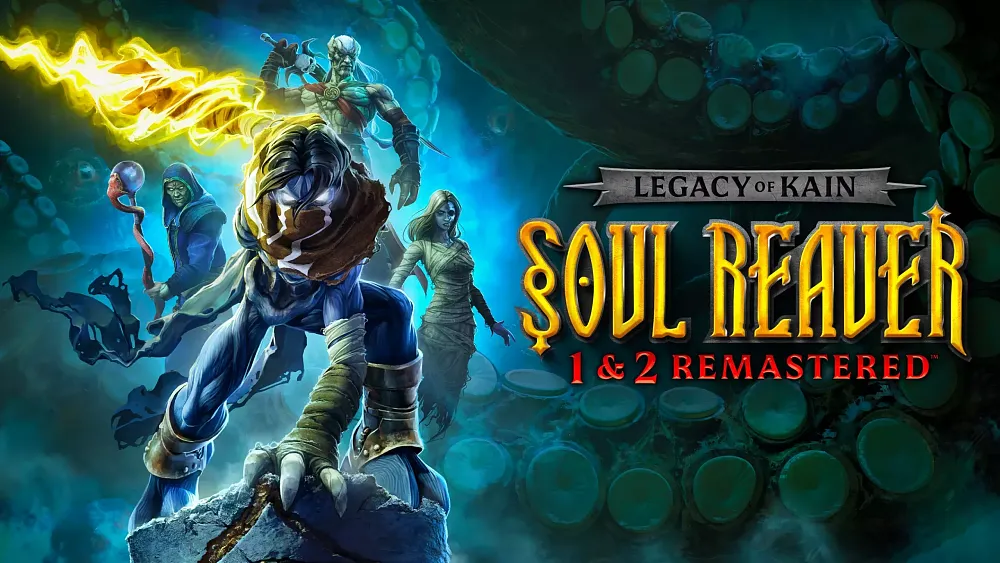 Key art visual for Legacy of Kain: Soul Reaver 1&2 Remastered, showing the title and artwork of the demon-humans with colorful skin and slightly cartoonish/exaggerated features.