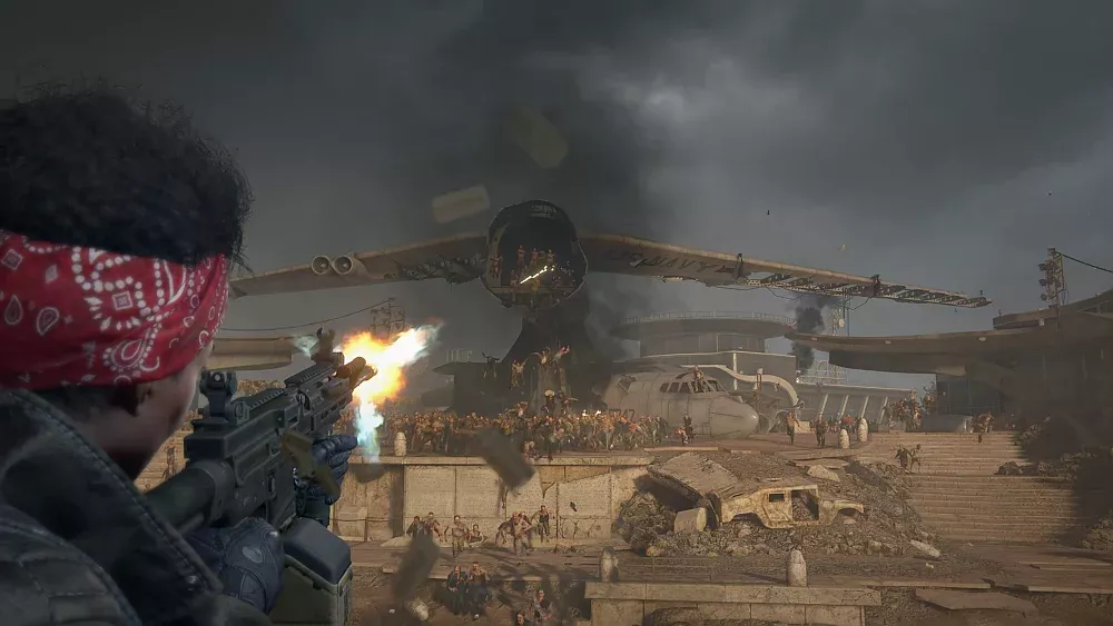 A person firing a weapon at a large horde of zombies pouring out the front of a plane.