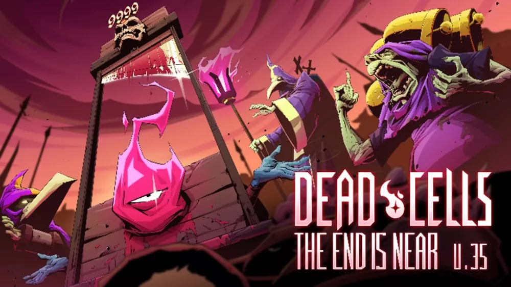 Art with text "Dead Cells: The End is Near. V.35" over an image of a one eyed person with a head that is a red-pink flame in a guillotine as several creatures that look like a couple of birds and some sort of an orc angrily shout.