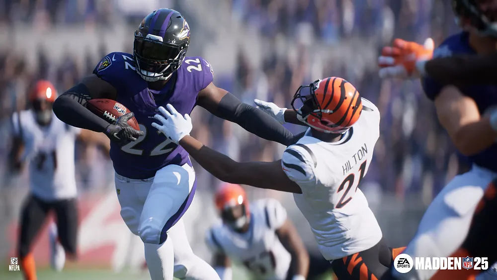Screenshot from a football video game showing the football carrier pushing away a defender that was trying to tackle him.