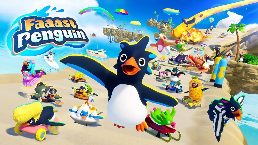 A bunch of penguins with different head wear and outfits racing down a track.