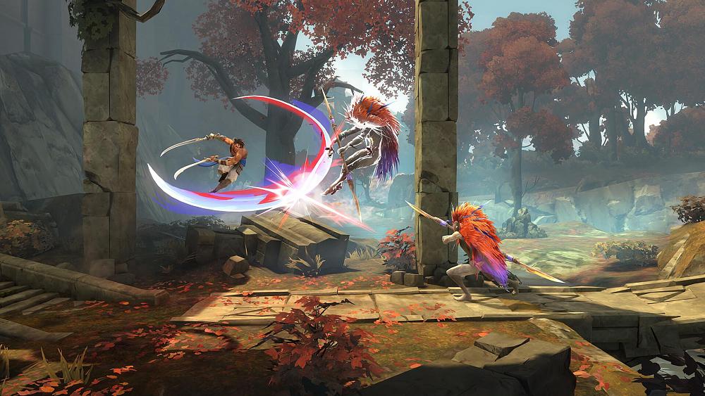 Screenshot from a 2D game where the main protagonist is slashing through the air with dual swords at a couple of foes.