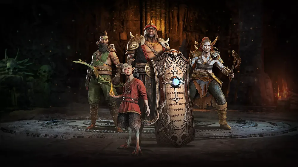A group of four warriors as different fantasy class types in various armors standing together.