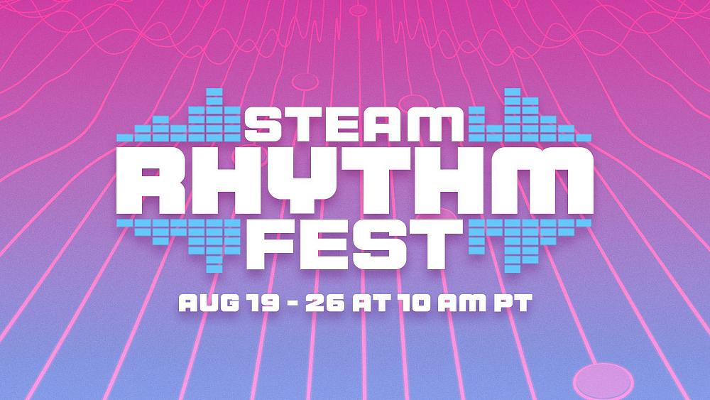 Simple graphic showing "Steam Rhythm Fest" over a pastel blue, purple, and pink background.