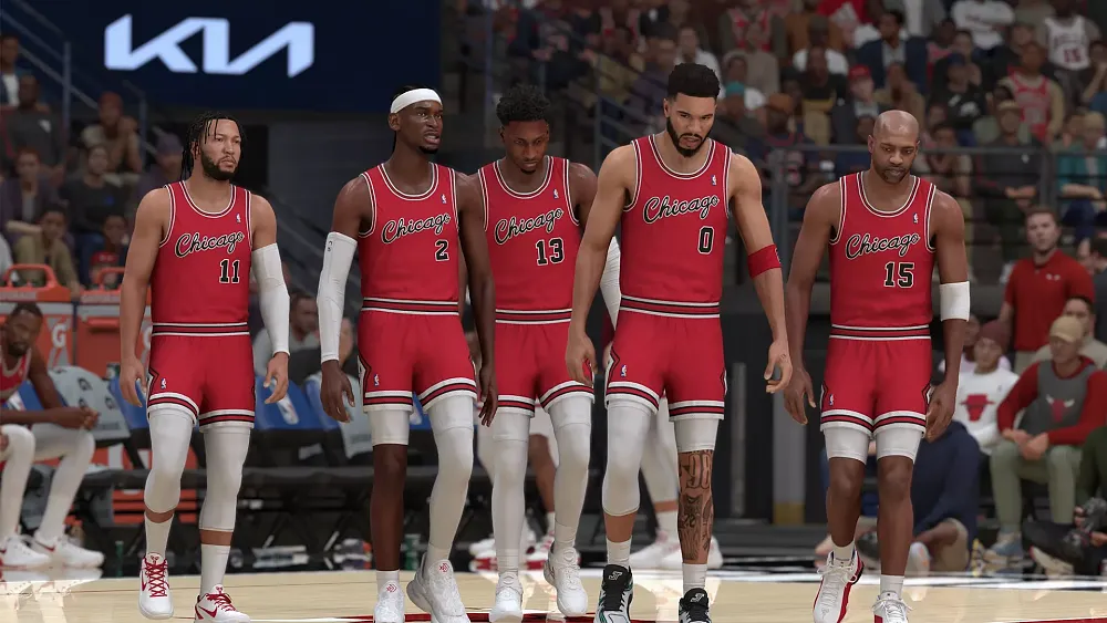 A created team of basketball players wearing "Chicago" uniforms in NBA 2K25.