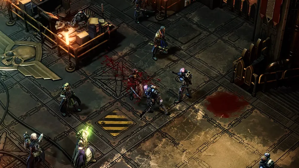 An isometric view of a battle set in the Warhammer 40K universe showing an RTS style fight.