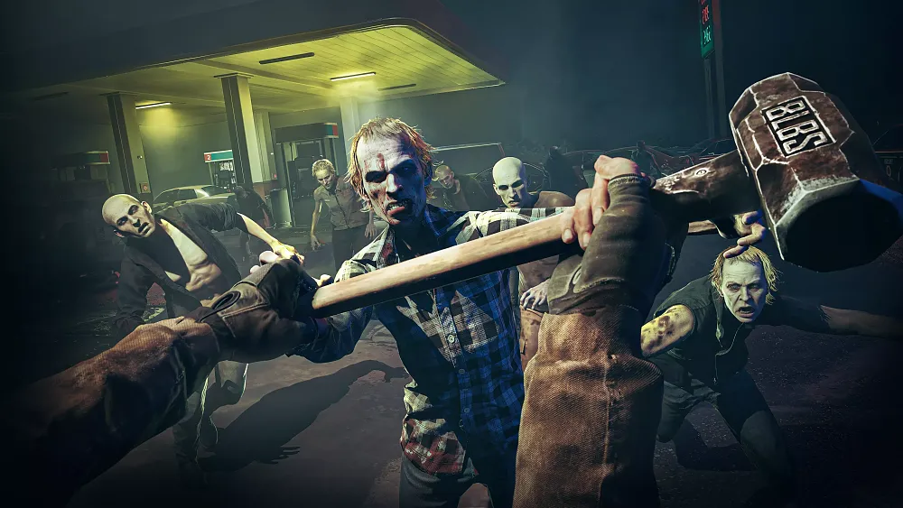 Zombies attacking a player from a first-person view of the person being attacked.