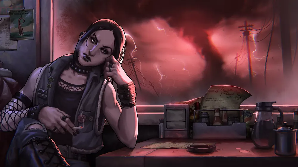 A punk woman in a diner smoking a cig.