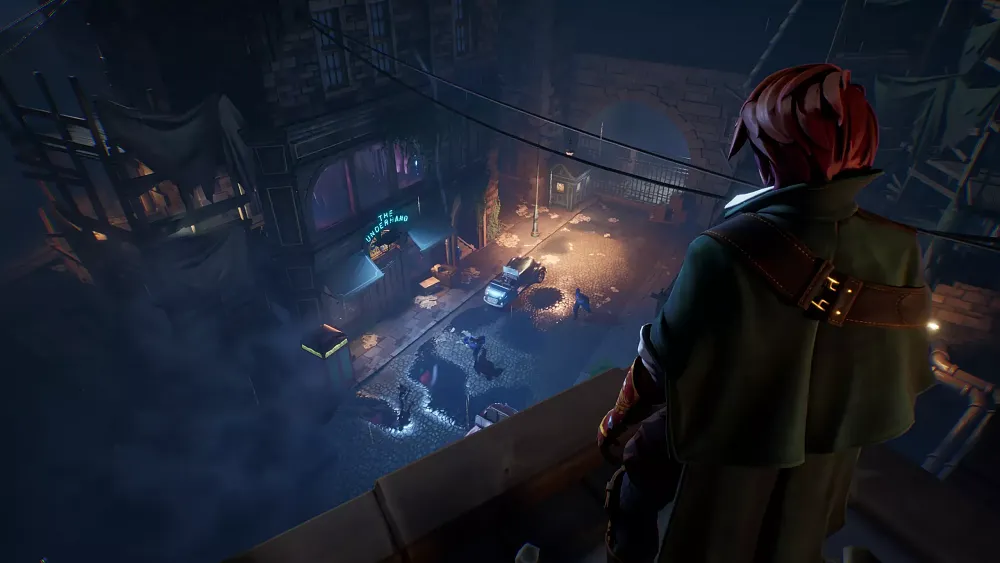 A person with red hair and green cloak standing on a building rooftop looking down as people run through the street below.
